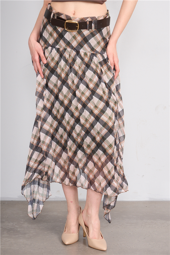 Patara Y26 26-7102 Haki Kadın Marjın Ekose Etek S-Xxl