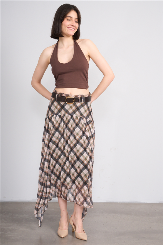 Patara Y26 26-7102 Haki Kadın Marjın Ekose Etek S-Xxl