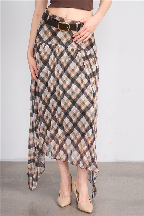 Patara Y26 26-7102 Haki Kadın Marjın Ekose Etek S-Xxl