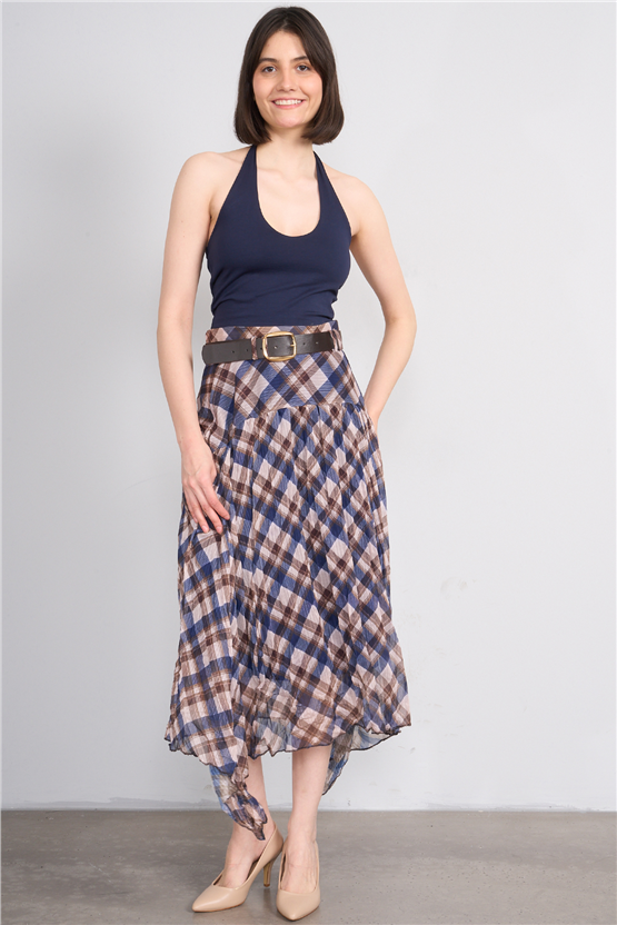 Patara Y26 26-7102 İndigo Kadın Marjin Ekose Etek S-Xxl