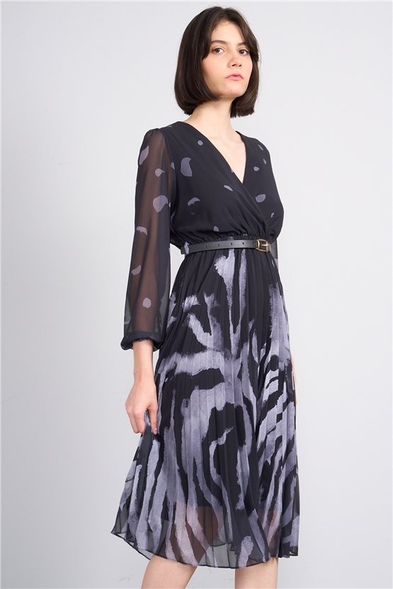 Patara Y26 5090-1 Gri Kadın Piliseli Şifon Elbise S-Xxl