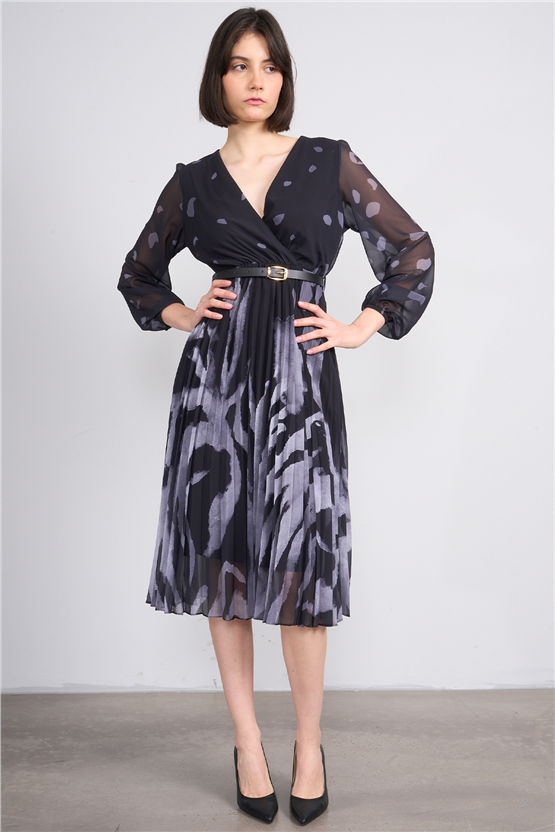 Patara Y26 5090-1 Gri Kadın Piliseli Şifon Elbise S-Xxl