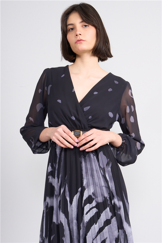 Patara Y26 5090-1 Gri Kadın Piliseli Şifon Elbise S-Xxl