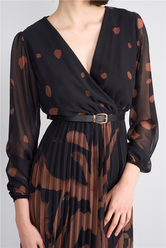 Patara Y26 5090-1 Kahverengi Kadın Piliseli Şifon Elbise S-Xxl