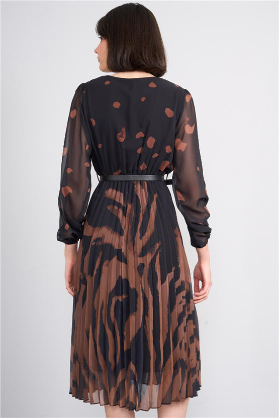 Patara Y26 5090-1 Kahverengi Kadın Piliseli Şifon Elbise S-Xxl
