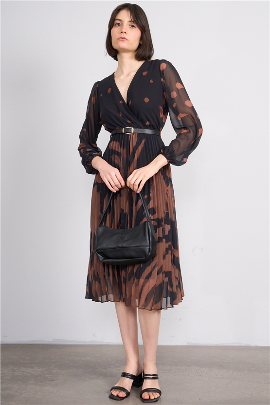 Patara Y26 5090-1 Kahverengi Kadın Piliseli Şifon Elbise S-Xxl