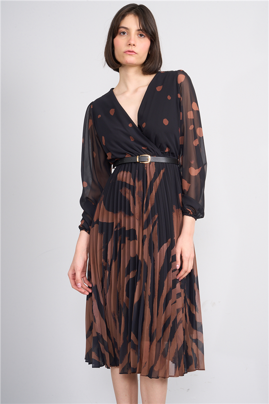 Patara Y26 5090-1 Kahverengi Kadın Piliseli Şifon Elbise S-Xxl