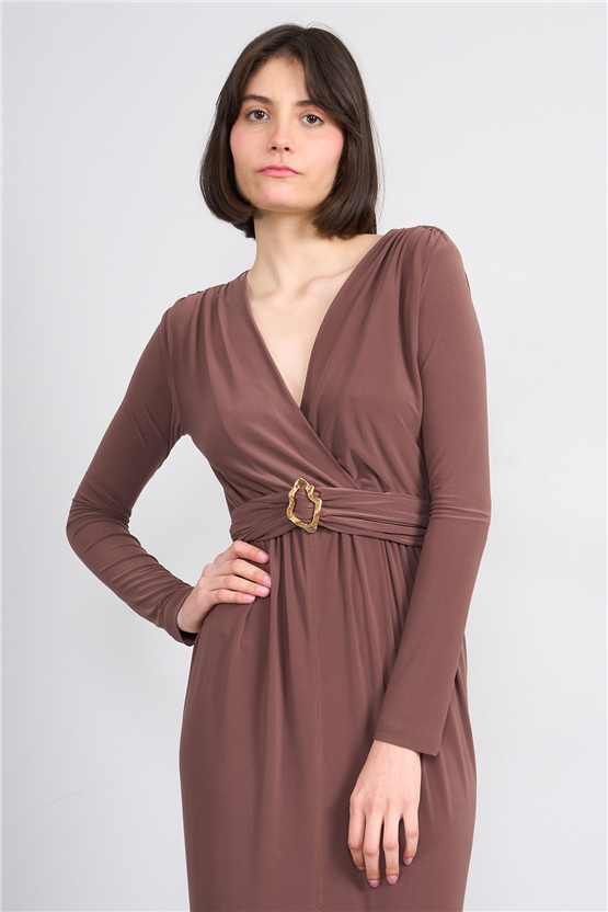 Patara Y26 5112 Kahverengi Kadın Sandy Kumaş Elbise S-Xl