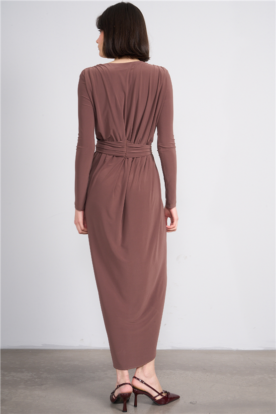 Patara Y26 5112 Kahverengi Kadın Sandy Kumaş Elbise S-Xl