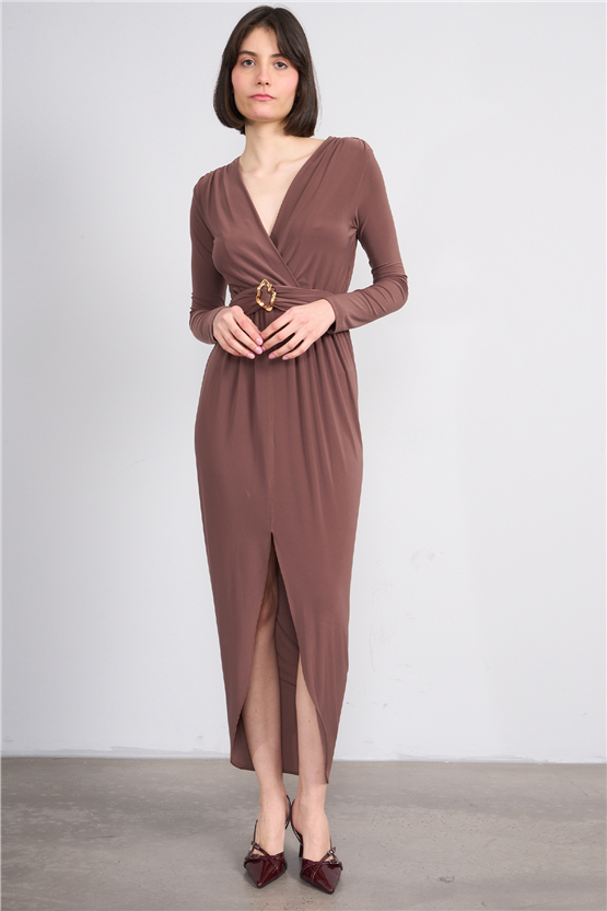 Patara Y26 5112 Kahverengi Kadın Sandy Kumaş Elbise S-Xl