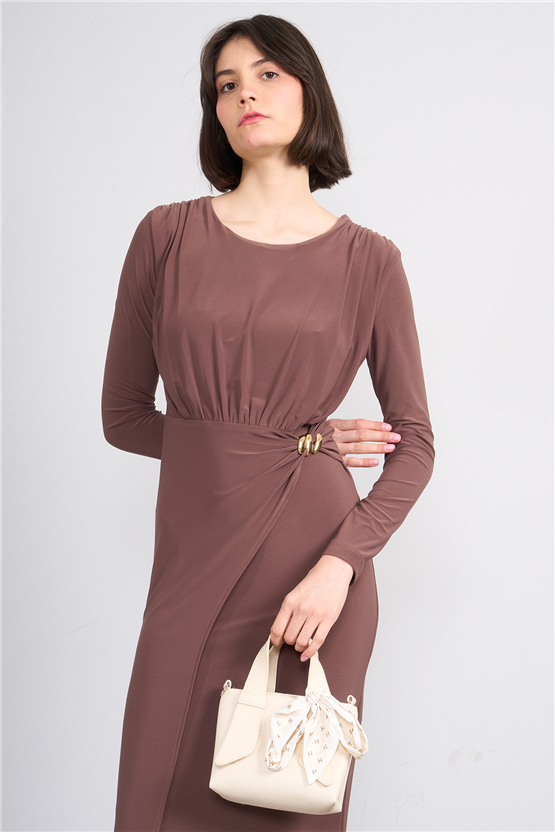 Patara Y26 5117 Kahverengi Kadın Sandy Kumaş Elbise S-Xl