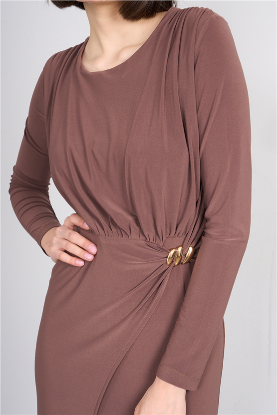 Patara Y26 5117 Kahverengi Kadın Sandy Kumaş Elbise S-Xl
