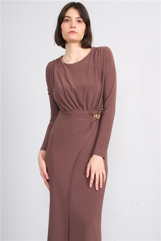 Patara Y26 5117 Kahverengi Kadın Sandy Kumaş Elbise S-Xl
