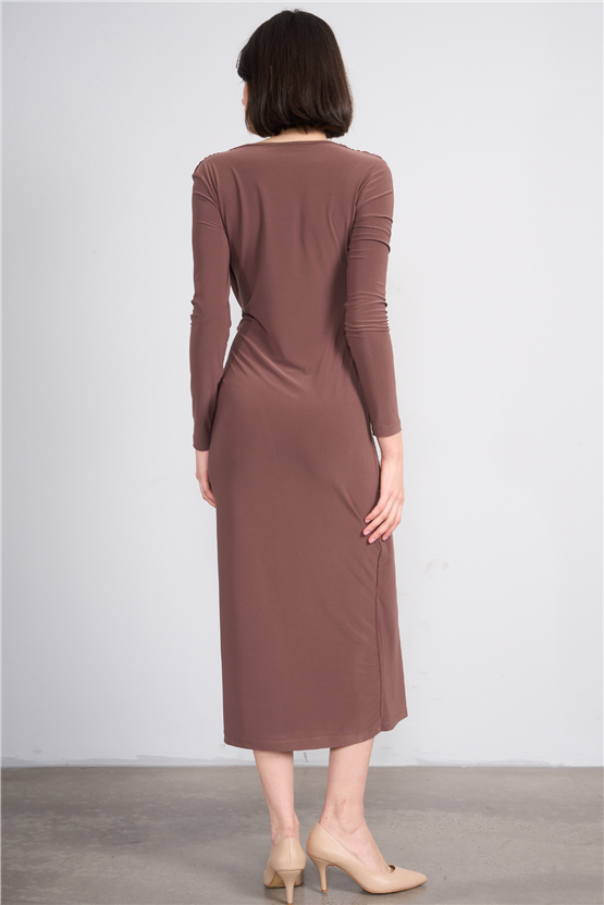 Patara Y26 5117 Kahverengi Kadın Sandy Kumaş Elbise S-Xl