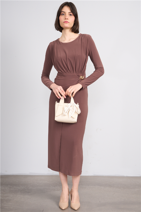 Patara Y26 5117 Kahverengi Kadın Sandy Kumaş Elbise S-Xl