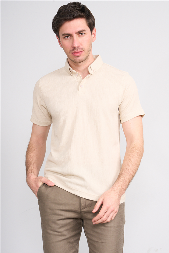 Rosso Y26 26014-P Bej Erkek Polo Yaka Jakar Tişört S-Xxl