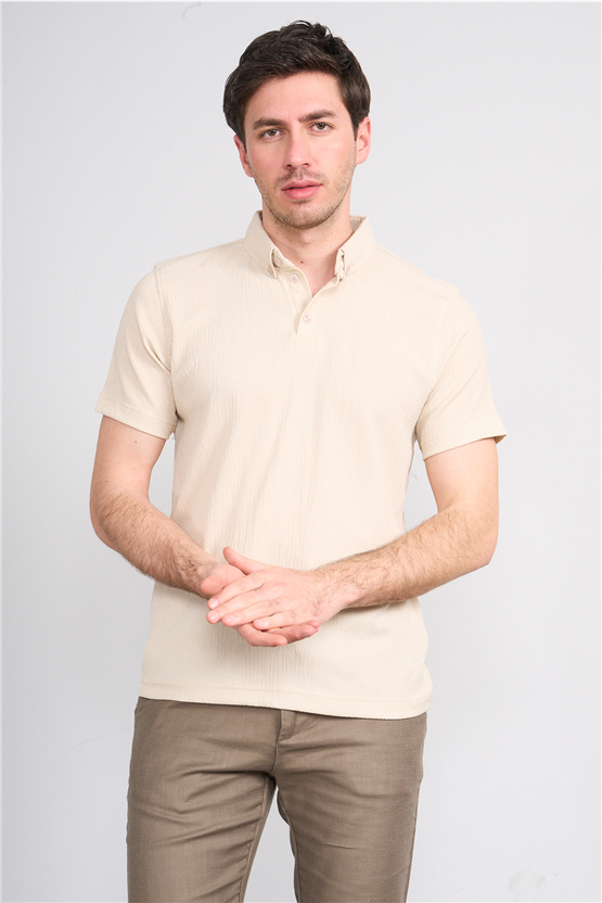 Rosso Y26 26014-P Bej Erkek Polo Yaka Jakar Tişört S-Xxl