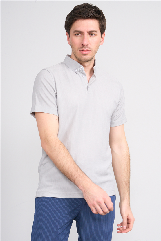 Rosso Y26 26014-P Gri Erkek Polo Yaka Jakar Tişört S-Xxl