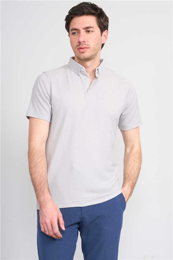 Rosso Y26 26014-P Gri Erkek Polo Yaka Jakar Tişört S-Xxl