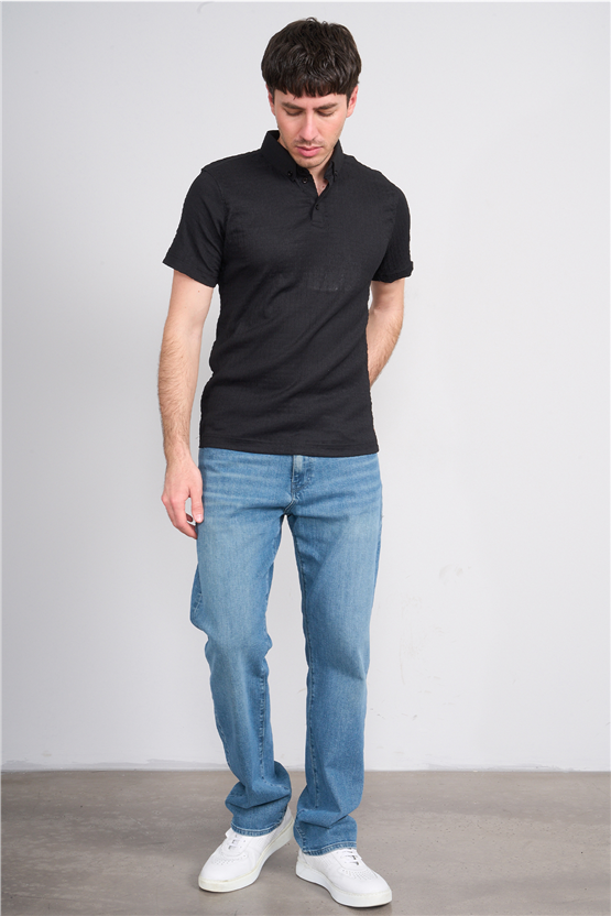 Rosso Y26 26014-P Siyah Erkek Polo Yaka Jakar Tişört S-Xxl