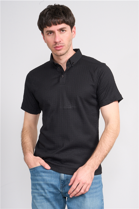 Rosso Y26 26014-P Siyah Erkek Polo Yaka Jakar Tişört S-Xxl