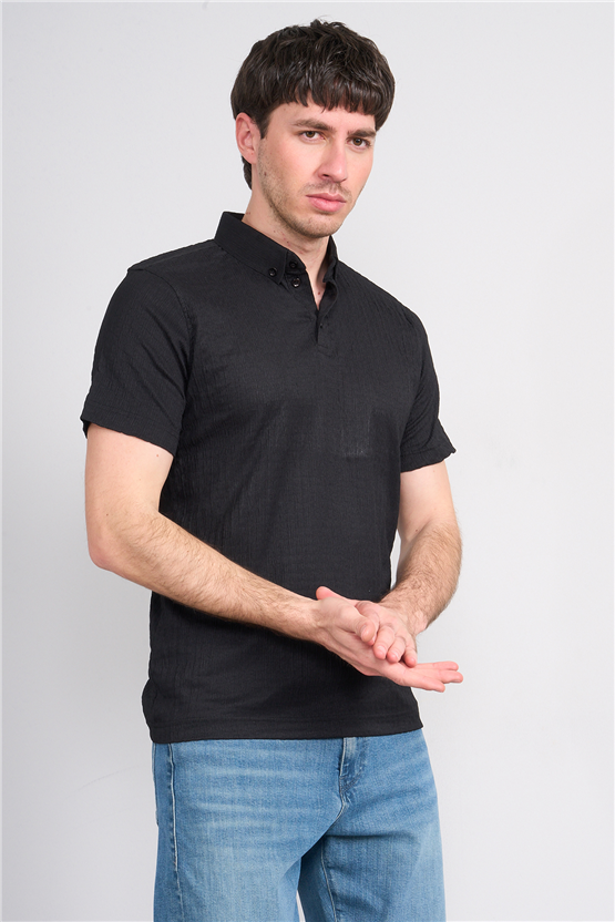 Rosso Y26 26014-P Siyah Erkek Polo Yaka Jakar Tişört S-Xxl