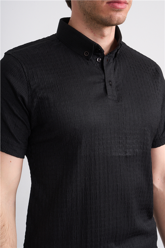 Rosso Y26 26014-P Siyah Erkek Polo Yaka Jakar Tişört S-Xxl