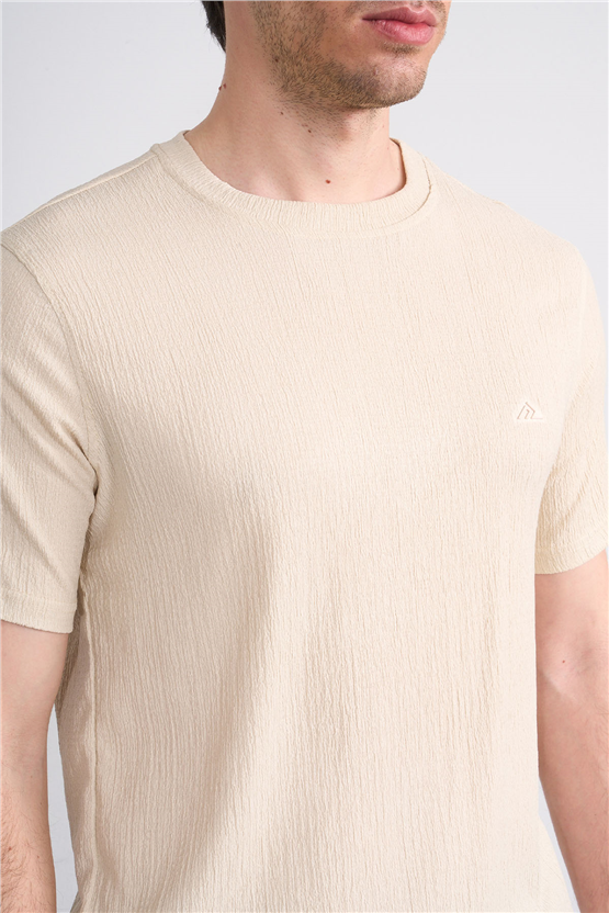 Rosso Y26 26014-S Bej Erkek Sıfır Yaka Jakar Tişört S-Xxl