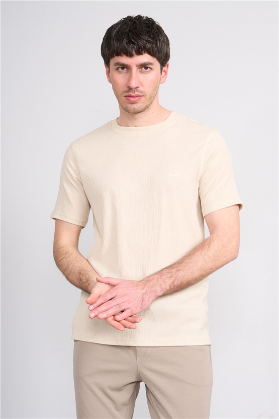Rosso Y26 26014-S Bej Erkek Sıfır Yaka Jakar Tişört S-Xxl