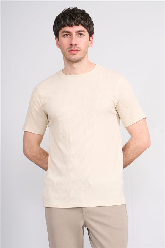 Rosso Y26 26014-S Bej Erkek Sıfır Yaka Jakar Tişört S-Xxl