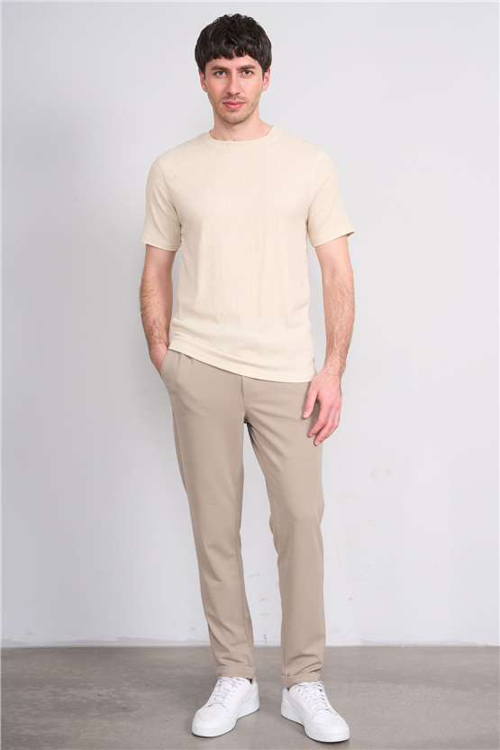 Rosso Y26 26014-S Bej Erkek Sıfır Yaka Jakar Tişört S-Xxl