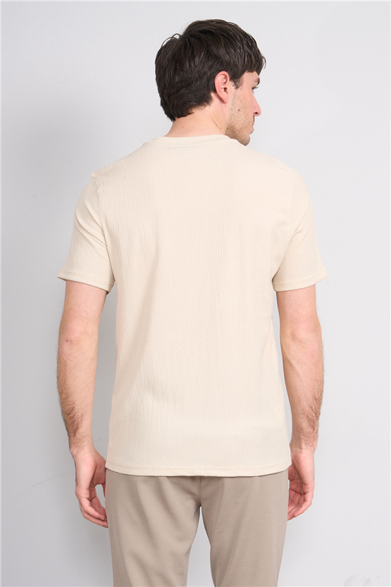 Rosso Y26 26014-S Bej Erkek Sıfır Yaka Jakar Tişört S-Xxl