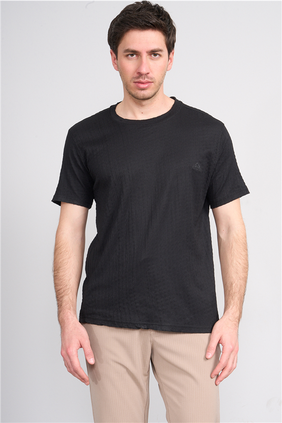 Rosso Y26 26014-S Siyah Erkek Sıfır Yaka Jakar Tişört S-Xxl