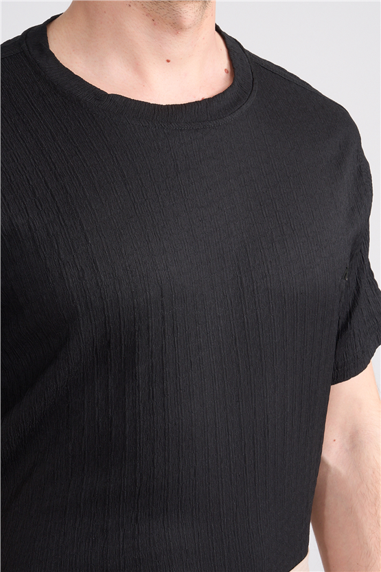 Rosso Y26 26014-S Siyah Erkek Sıfır Yaka Jakar Tişört S-Xxl