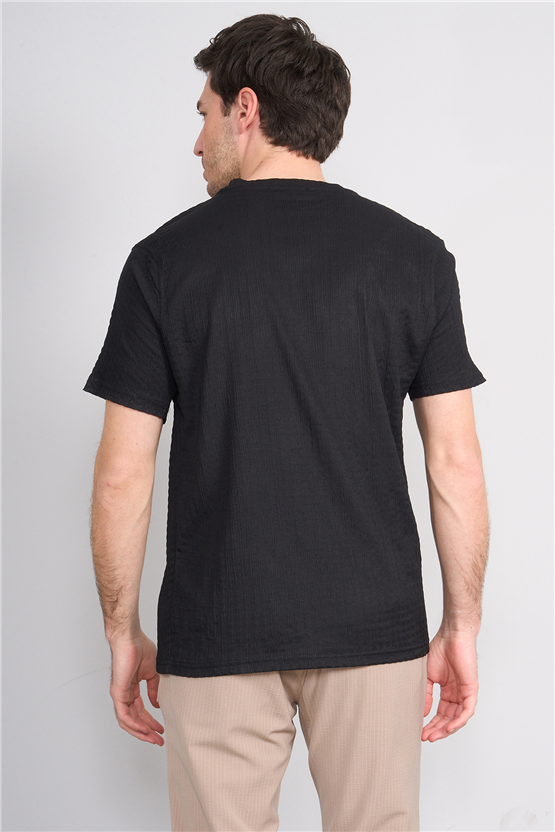 Rosso Y26 26014-S Siyah Erkek Sıfır Yaka Jakar Tişört S-Xxl