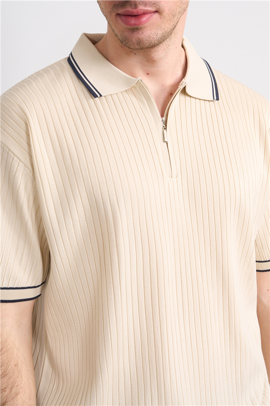 Rosso Y26 26050 Bej Erkek Fermuarlı Polo Yaka Polyelıt Trıko Tişört S-Xxl