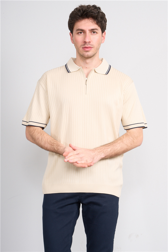 Rosso Y26 26050 Bej Erkek Fermuarlı Polo Yaka Polyelıt Trıko Tişört S-Xxl