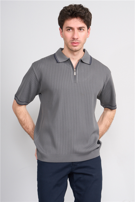 Rosso Y26 26050 Gri Erkek Fermuarlı Polo Yaka Polyelıt Trıko Tişört S-Xxl