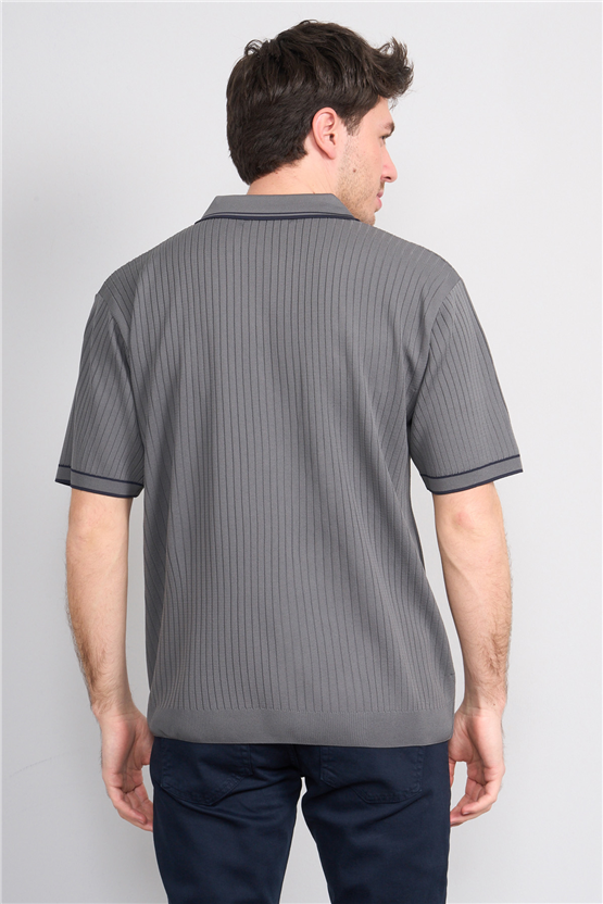 Rosso Y26 26050 Gri Erkek Fermuarlı Polo Yaka Polyelıt Trıko Tişört S-Xxl
