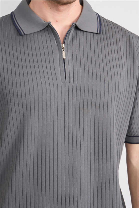 Rosso Y26 26050 Gri Erkek Fermuarlı Polo Yaka Polyelıt Trıko Tişört S-Xxl
