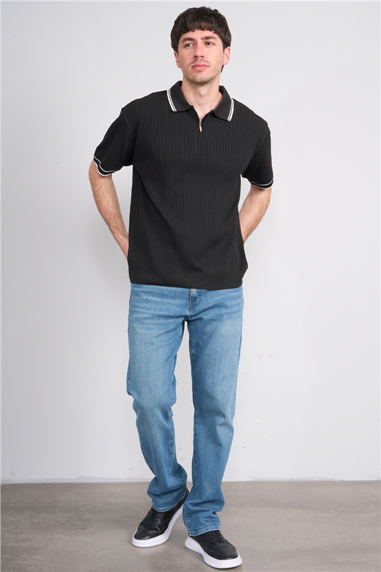 Rosso Y26 26050 Siyah Erkek Fermuarlı Polo Yaka Polyelıt Trıko Tişört S-Xxl