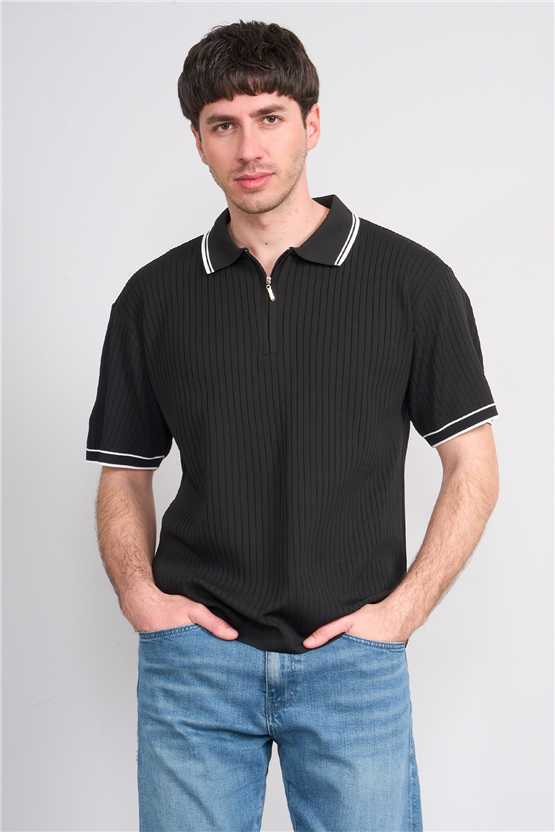 Rosso Y26 26050 Siyah Erkek Fermuarlı Polo Yaka Polyelıt Trıko Tişört S-Xxl
