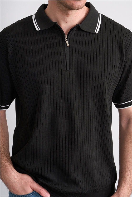 Rosso Y26 26050 Siyah Erkek Fermuarlı Polo Yaka Polyelıt Trıko Tişört S-Xxl