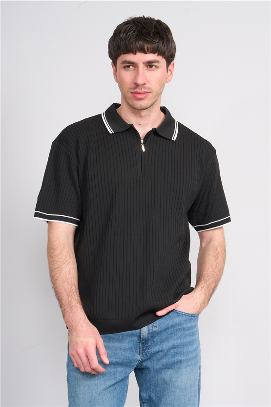 Rosso Y26 26050 Siyah Erkek Fermuarlı Polo Yaka Polyelıt Trıko Tişört S-Xxl