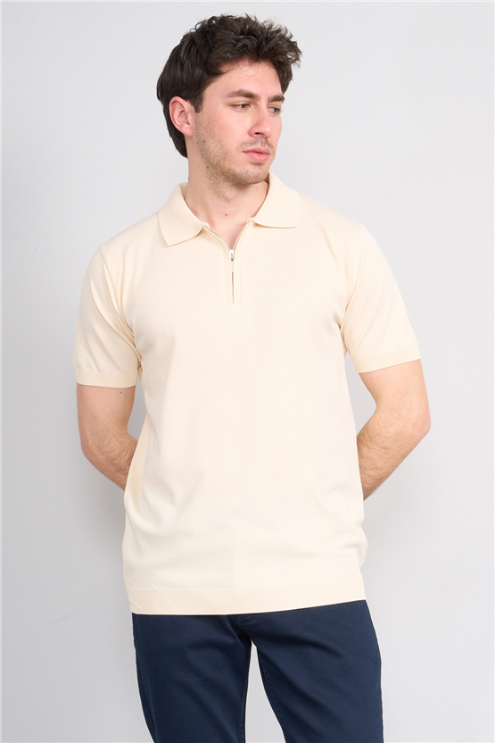 Rosso Y26 26069 Bej Erkek Fermuarlı Polo Yaka Polyelıt Trıko Tişört S-Xxl