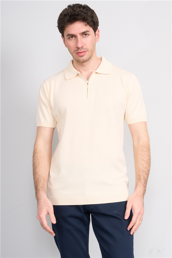 Rosso Y26 26069 Bej Erkek Fermuarlı Polo Yaka Polyelıt Trıko Tişört S-Xxl
