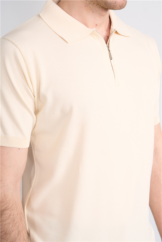 Rosso Y26 26069 Bej Erkek Fermuarlı Polo Yaka Polyelıt Trıko Tişört S-Xxl