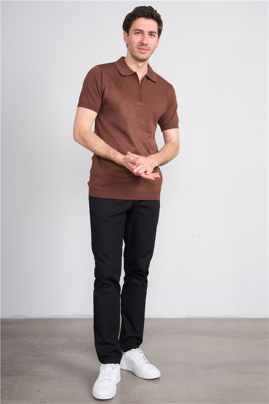Rosso Y26 26069 Kahve Erkek Fermuarlı Polo Yaka Polyelıt Trıko Tişört S-Xxl