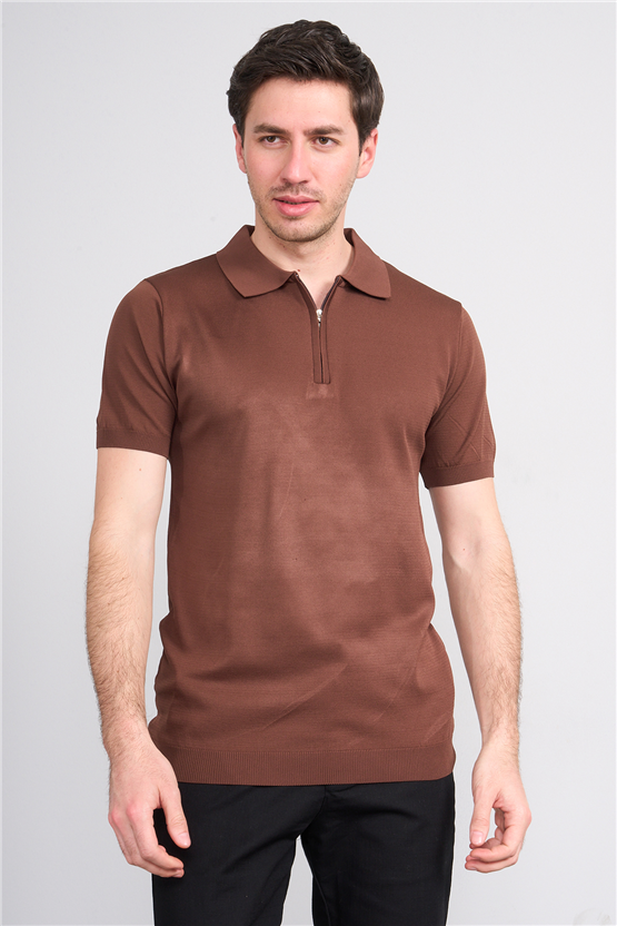Rosso Y26 26069 Kahve Erkek Fermuarlı Polo Yaka Polyelıt Trıko Tişört S-Xxl