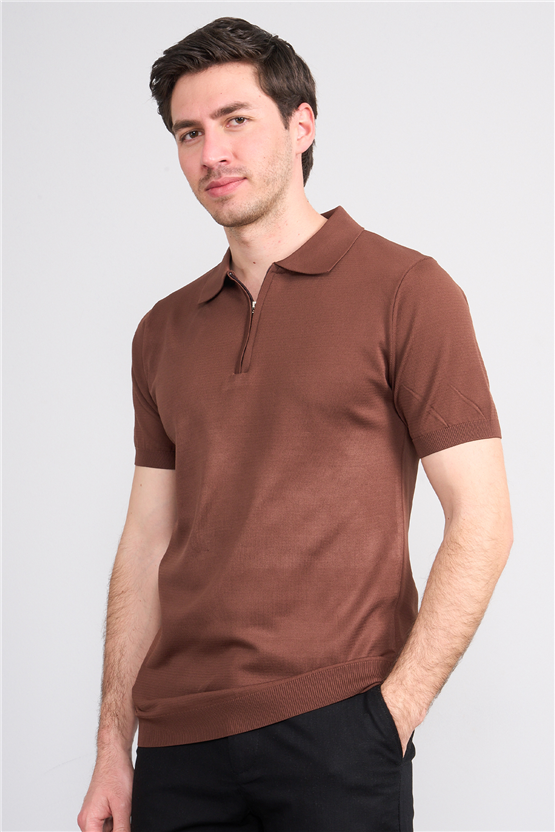 Rosso Y26 26069 Kahve Erkek Fermuarlı Polo Yaka Polyelıt Trıko Tişört S-Xxl